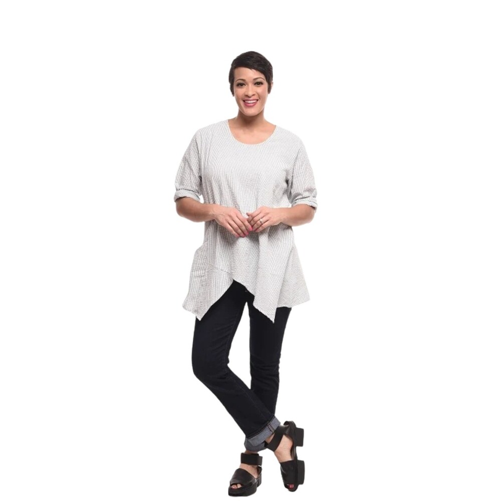 S Tulip Pippa Striped Asymmetrical Lagenlook Blouse Half Sleeve Artsy Tunic